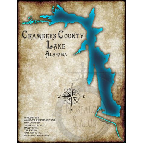 Chambers County Lake, Alabama Vintage Style Lake Map Wall Art Lanett Lafayette Shaumut Wadley ...