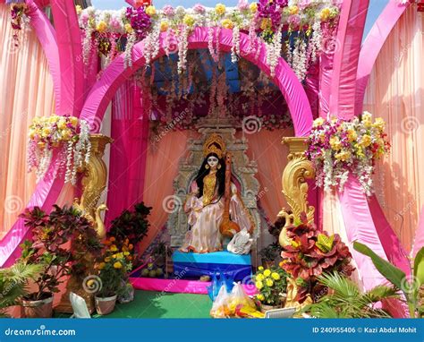 A Saraswati Puja Pandel At Calcutta With Maa Saraswati At Sitting Posture. Stock Photography ...