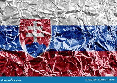 Slovakia Flag Depicted in Paint Colors on Shiny Crumpled Aluminium Foil Closeup. Textured Banner ...