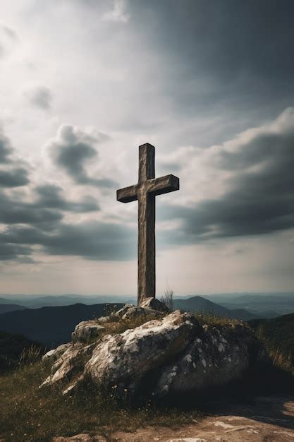 View of religious cross on mountain top with sky and clouds | AI ...