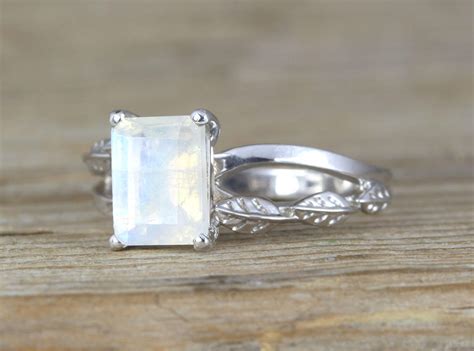 Rose Gold Moonstone Engagement Ring, Emerald Cut Moonstone Leaves ...