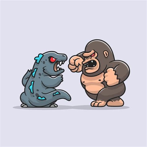 Premium Vector | Cute kong fight godzilla cartoon icon illustration.