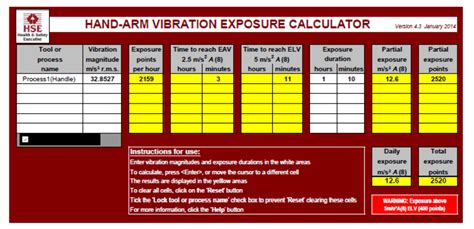 hand-arm vibration exposure calculator and calculated results (HSE ...