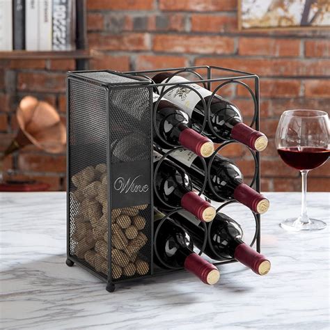 6-Bottle Black Wire Wine Rack with Mesh Cork Basket, Wine Bottle and C ...