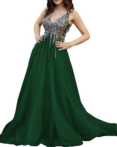 Ever-Beauty Womens Beaded V-Neck Prom Dress 2019 Long Sleeveless Tulle Evening Formal Ball Gown ...