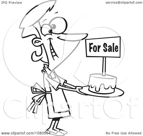 Clipart Outlined Bake Sale Woman Holding Out A Cake - Royalty Free Vector Illustration by ...