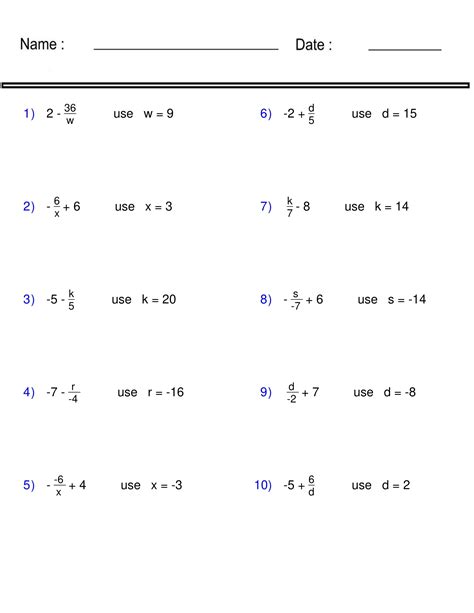 Evaluating Algebraic Expressions -Worksheet - Print Activity - Pre ...