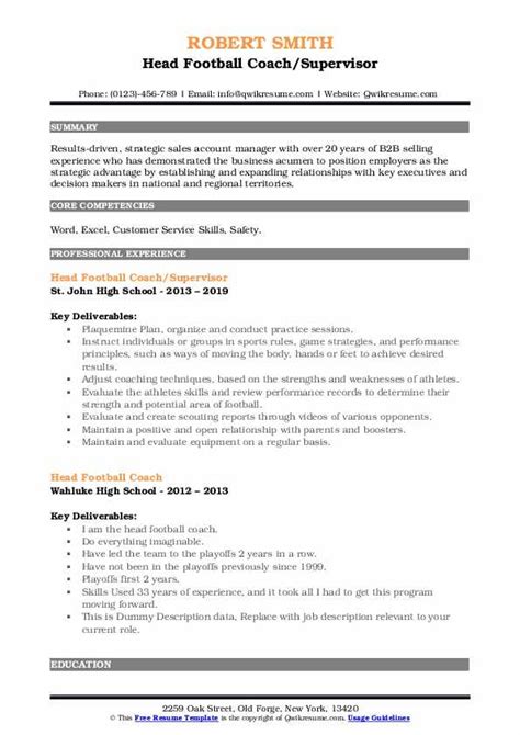 Head Football Coach Resume Samples | QwikResume