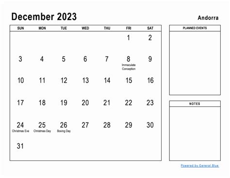 December 2023 Planner with Andorra Holidays