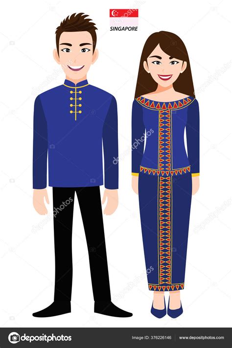 Couple Cartoon Characters Singapore Traditional Costume Vector Stock ...