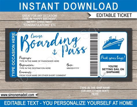 Cruise Boarding Pass Gift Voucher Template | Printable Cruise Ticket