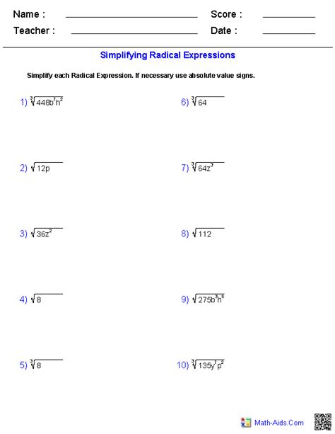 Algebra 1 Worksheets | Radical Expressions Worksheets | Radical ...