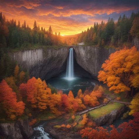 Premium AI Image | Multnomah Falls in Autumn foliage colors with shining sun