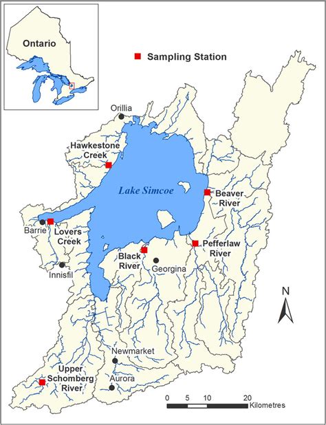 Map of Lake Simcoe and its watershed. Inset shows the location of Lake ...