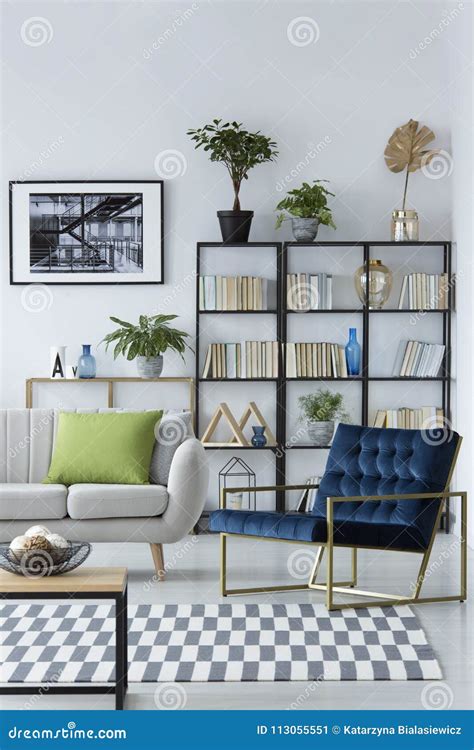 Blue Armchair in Living Room Stock Image - Image of leaf, furniture: 113055551