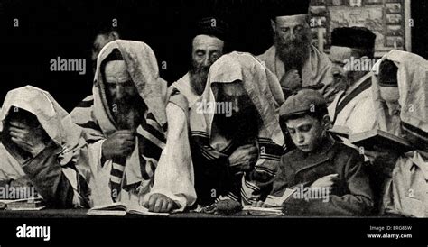 Day of Atonement / Yom Kippur. Prayers in New York on Lower East Side synagogue c. 1900 Men ...