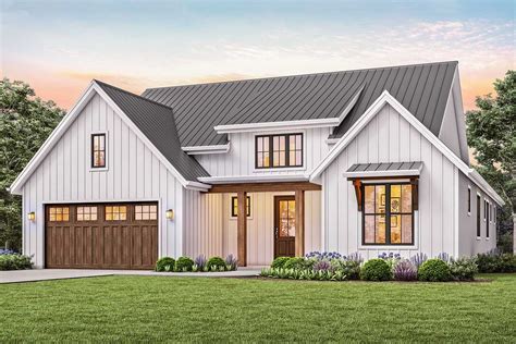 This New American house plan boasts gable roofs, board and batten ...