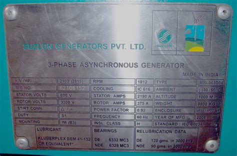 Suzlon 3-phase asynchronous generator nameplate | Wind Energy Impacts and Issues