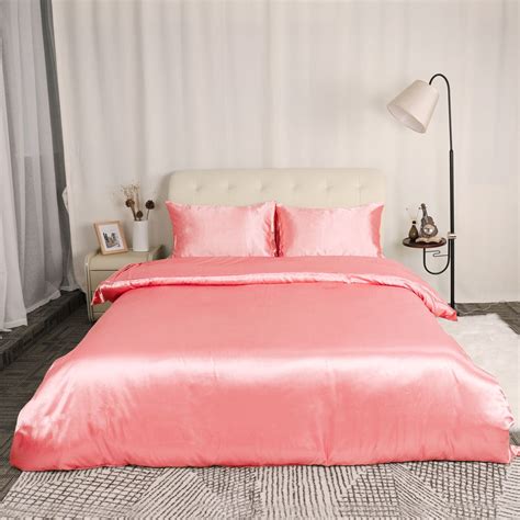 Satin Silk Comforter Duvet Cover Pillowcases Bedding Set Pink King ...