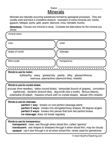 Rocks And Minerals Worksheets : Minerals Worksheet / Some common rocks can be scratched with ...