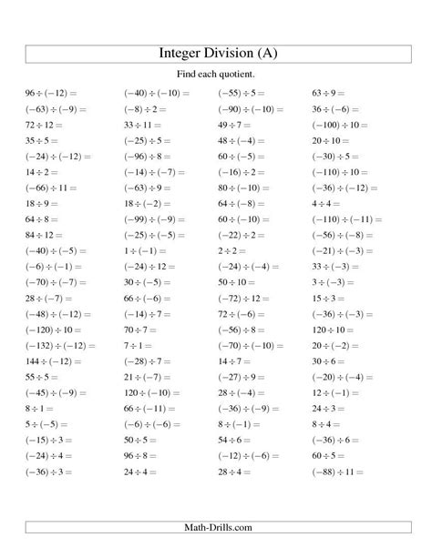 Dividing Integers -- Mixed Signs (Range -12 to 12) (A) Integers Worksheet | Dividing integers ...