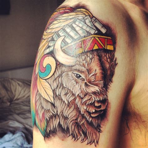 Tattoo of buffalo/bison with navajo headdress - fresh from the parlour today Cherokee Indian ...