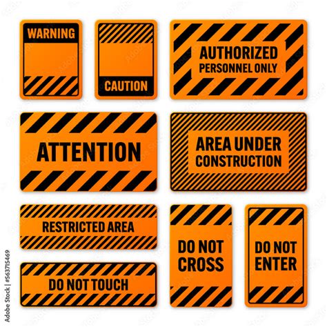 Various black and orange warning signs with diagonal lines. Attention, danger or caution sign ...