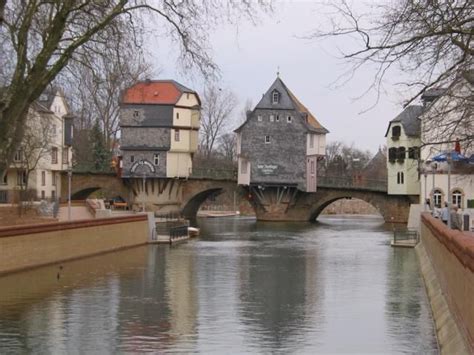 Famous Brückenhaüser (Bridge Houses) in Bad Kreuznach, Germany. The stone bridge dates from 1300 ...