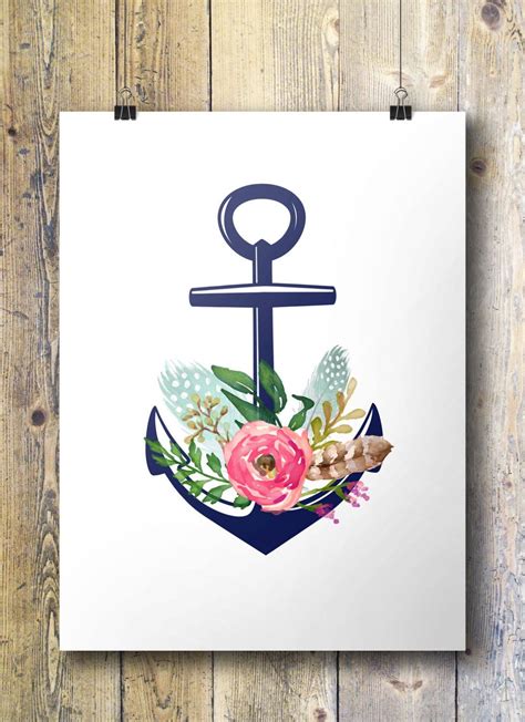 Anchor art print | Printable art | Watercolor flowers roses | Nautical sea ocean theme navy ...