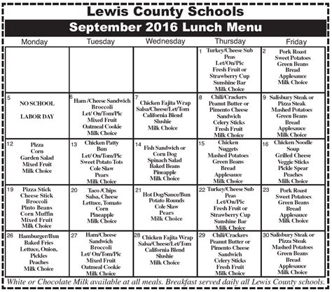 Lewis County Schools Lunch Menu September 2016 – The Lewis County Herald