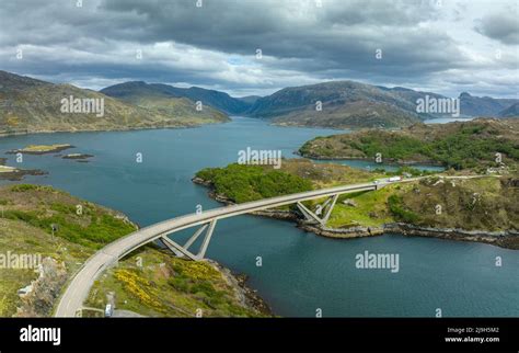 Aerial view from drone of Kylesku Bridge and highway on North Coast 500 ...