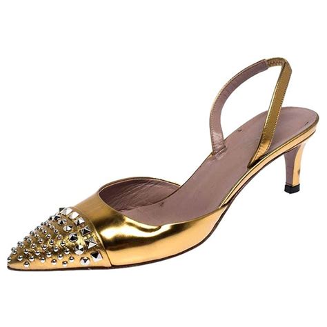 Gold Studded Patent Leather Pointed Toe Kitten Heel Slingback Sandals Size 36 at 1stDibs | gold ...