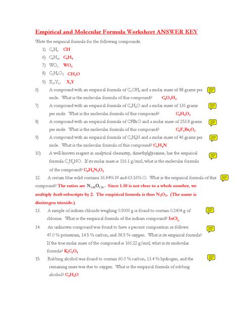 Empirical and Molecular Formula Worksheet ANSWER KEY | Study notes Analytical Chemistry | Docsity