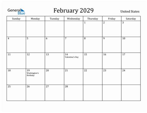 February 2029 Monthly Calendar with United States Holidays