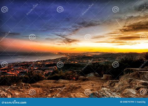 BARCELONA SKYLINE SUNSET stock image. Image of architecture - 59879799