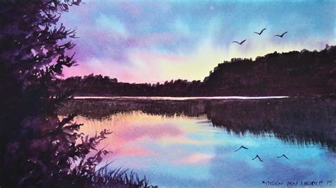 EASY Pond Sunset /using ONLY 3 Colors! Real-Time Watercolor Tutorial ...