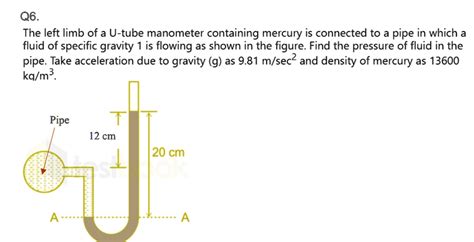 SOLVED: Q6. The left limb of a U-tube manometer containing mercury is connected to a pipe in ...