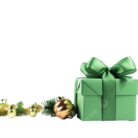Christmas Gift Box With Green Ribbon Bow On Table With Copy Space, Craft, View, 4k PNG ...