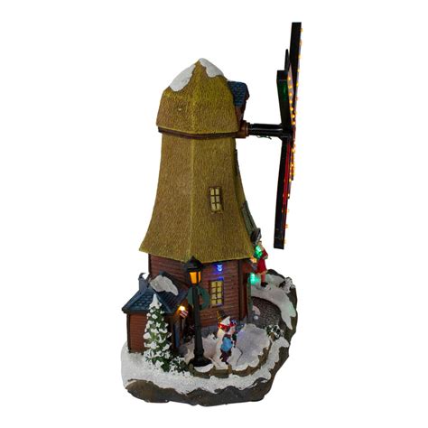 12" Brown LED Lighted & Animated Winter Windmill Village Scene with ...