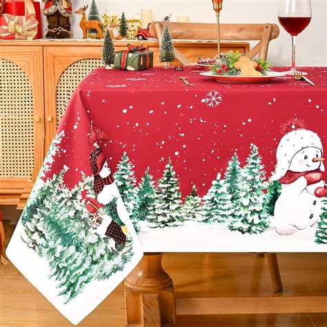 Waipfaru Christmas Tablecloth Snowman Table Cloth Red Rectangle Table Cover for Xmas Dinner ...