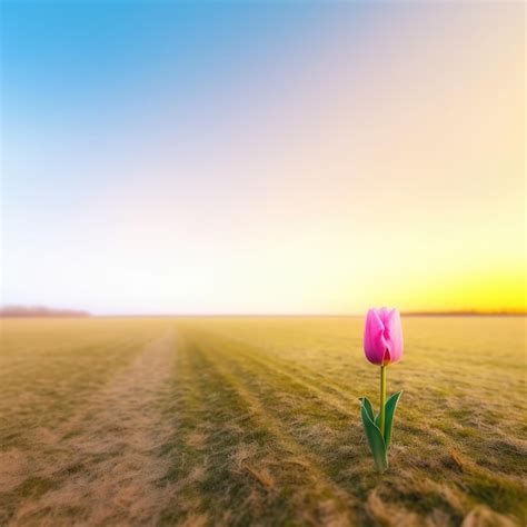 Premium AI Image | A pink tulip stands alone in a field with a sunset in the background.