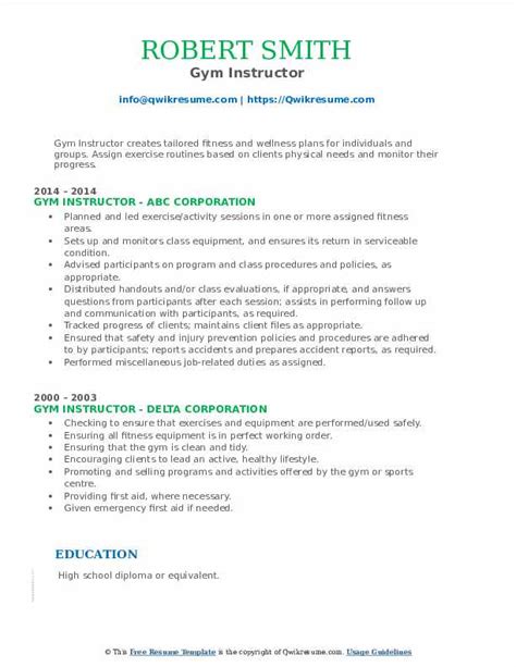 Gym Instructor Resume Samples | QwikResume