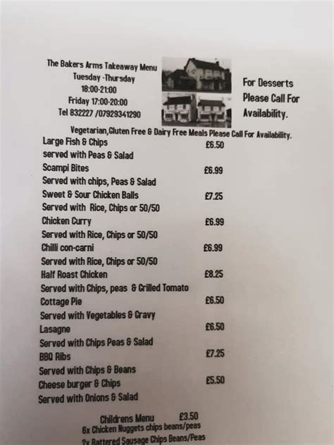 Menu at The Bakers Arms pub & bar, Swindon, Bakers Arms