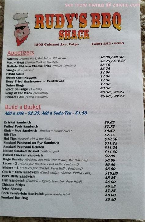 Online Menu of Rudys BBQ Shack Restaurant, Valparaiso, Indiana, 46383 - Zmenu