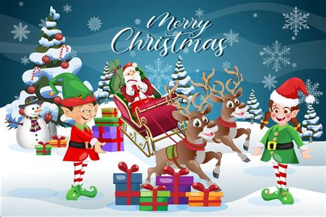 Merry Christmas scene greeting card cartoon Santa Claus with elves and snowman 3537090 Vector ...