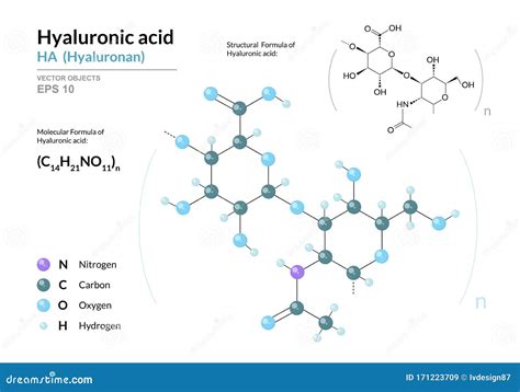 Hyaluronic Acid. HA Hyaluronan. Structural Chemical Formula and Molecule 3d Model. Atoms with ...