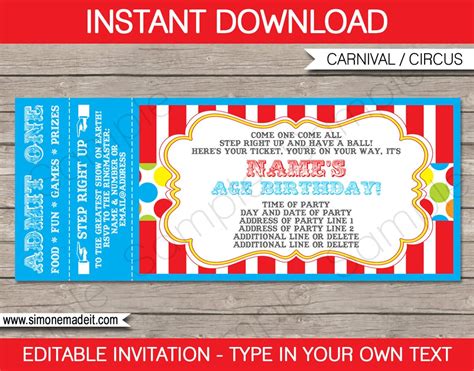 Carnival Ticket Invitation Printable Template Circus Birthday Party ...