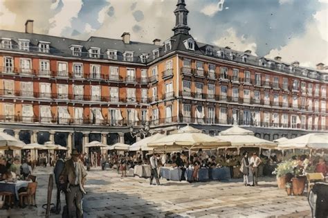 Premium AI Image | Painting of a watercolor drawing of the Plaza Mayor ...