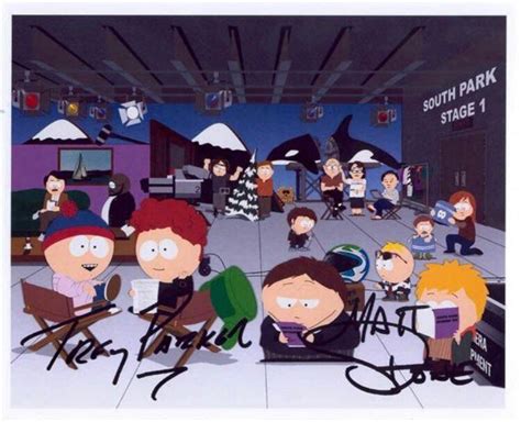 This is a behind the scenes production photo signed by Matt and Trey ...