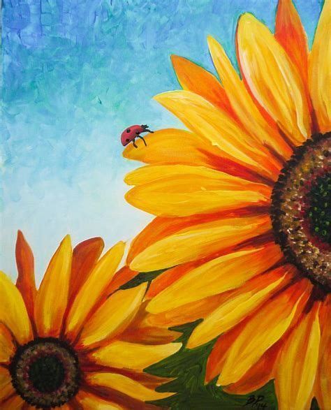 a painting of two sunflowers with a blue sky in the background and a ladybug on top